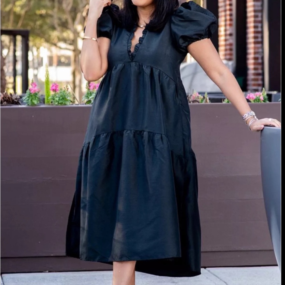 Kika Vargas x Target Tiered Ruffle Edge Puff Short Sleeve Midi Dress Black